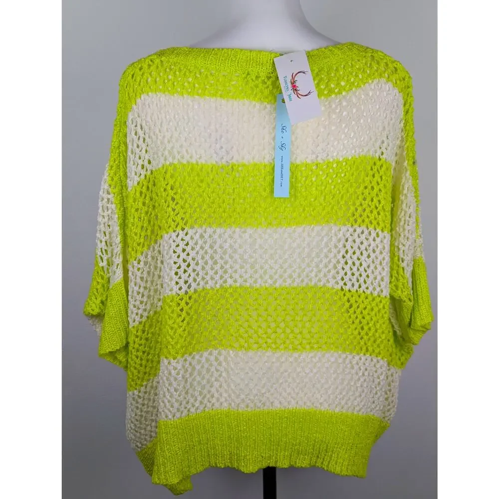 She & Sky Sz2 Oversized open weave sweater neon lime+white NWTbust 60
